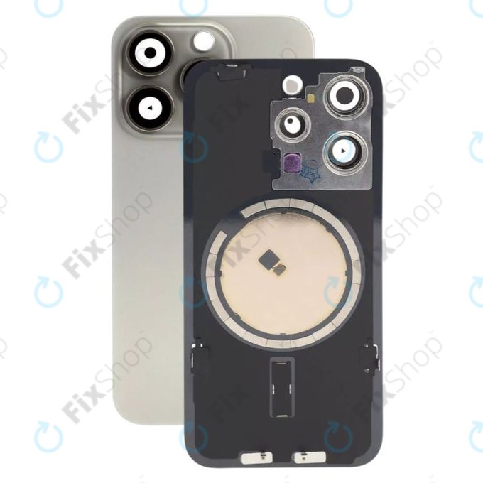 Apple iPhone 15 Pro - Hátsó üveg + Kamera lencse + Fémlemez + Magsafe mágnes (Natural Titanium)