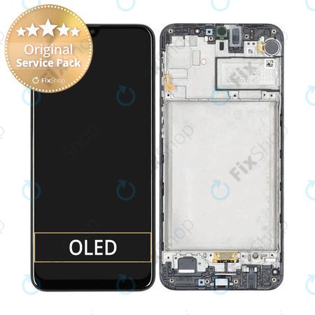 Samsung Galaxy M21 M215F - LCD Kijelző + Érintőüveg + Keret (Opal Black) - GH82-21266A, GH82-21265A Genuine Service Pack