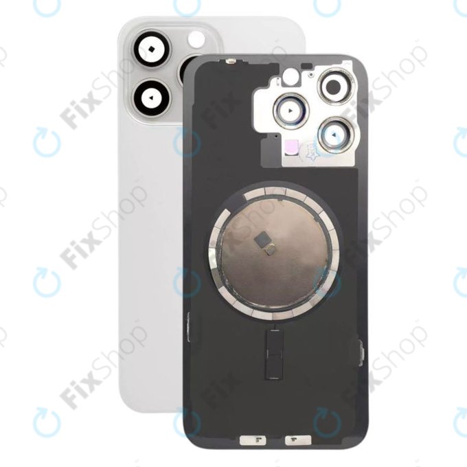 Apple iPhone 15 Pro Max - Hátsó üveg + Kamera lencse + Fémlemez + Magsafe mágnes (White Titanium)