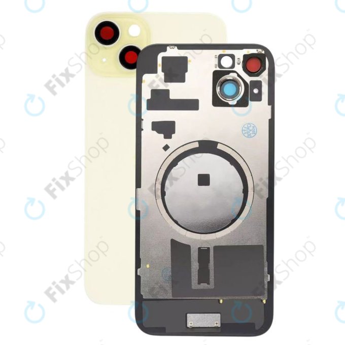 Apple iPhone 15 Plus - Hátsó üveg + Kamera lencse + Fémlemez + Magsafe mágnes (Yellow)