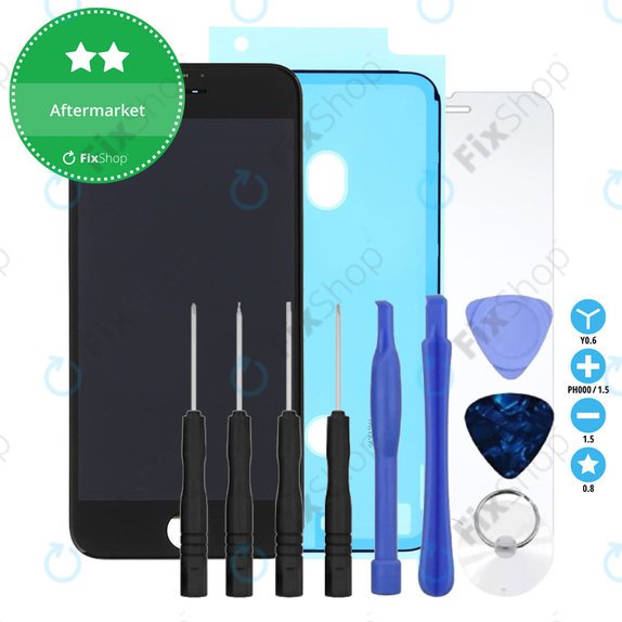 Kijelző iPhone 8, SE (2020), SE (2022), Black, Érintőüveg kerettel, Ragasztó (Adhesive), Edzett üveg, Szerszámok