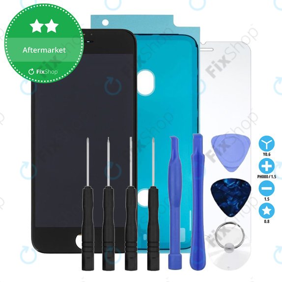 Kijelző iPhone 7, Black, Érintőüveg kerettel, Ragasztó (Adhesive), Edzett üveg, Szerszámok