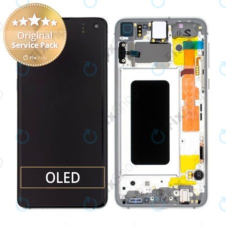 Samsung Galaxy S10e G970F - LCD Kijelző + Érintőüveg + Keret (Prism White) - GH82-18852B, GH82-18836B Genuine Service Pack