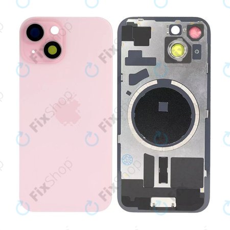 Apple iPhone 15 - Hátsó üveg + Kamera lencse + Fémlemez + Magsafe mágnes (Pink)