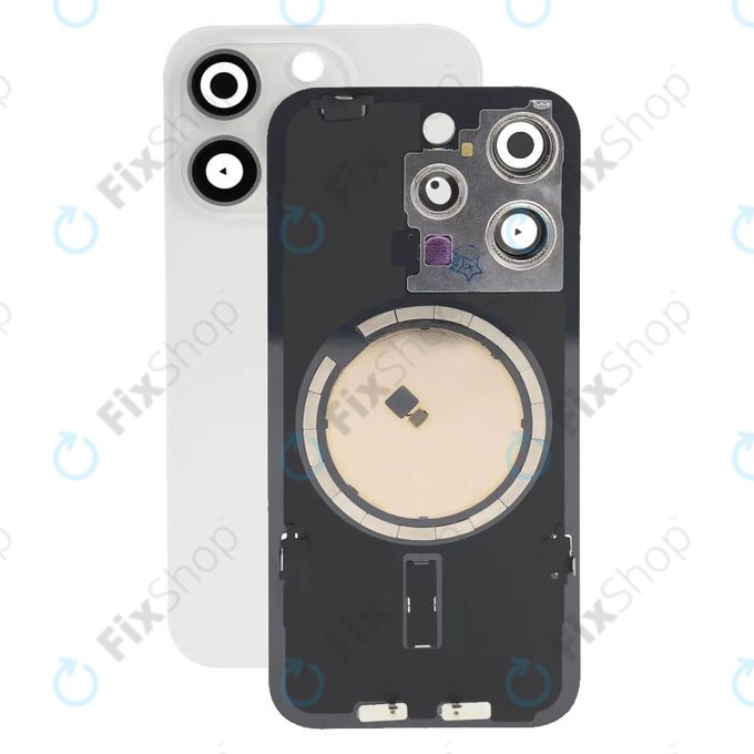 Apple iPhone 15 Pro - Hátsó üveg + Kamera lencse + Fémlemez + Magsafe mágnes (White Titanium)