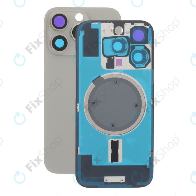 Apple iPhone 16 Pro - Hátsó üveg + Kamera lencse + Fémlemez + Magsafe mágnes (Natural Titanium)