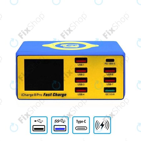 Mechanic iCharge 8 Pro - USB Töltőállomás (6x USB, 1x USB 3.0, 1x USB-C, 1x Vezeték Nélküli Töltő)