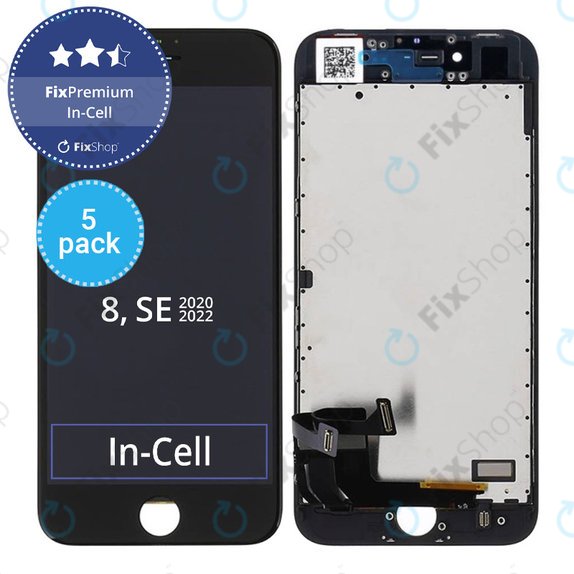 Kijelző 5 Pack In-Cell iPhone 8, SE (2020), SE (2022), Black, Érintőüveg kerettel, FixPremium