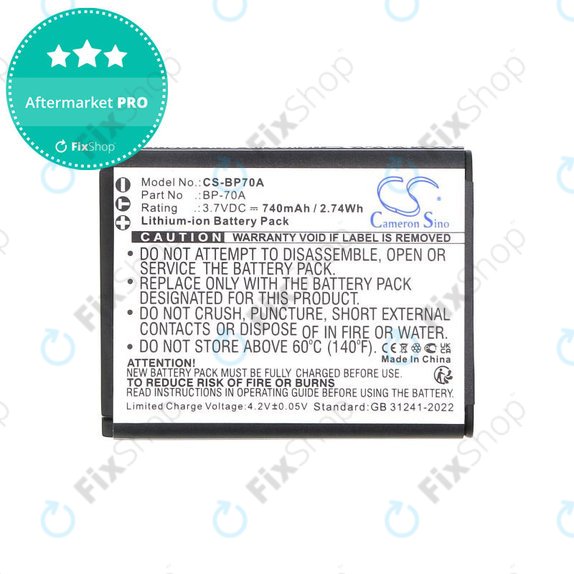 Akkumulátor Samsung ES, ST, 740mAh, Li-Ion, 3.7V, BP-70A, HQ