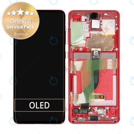 Samsung Galaxy S20 Plus G985F - LCD Kijelző + Érintőüveg + Keret (Aura Red) - GH82-22134G, GH82-22145G Genuine Service Pack