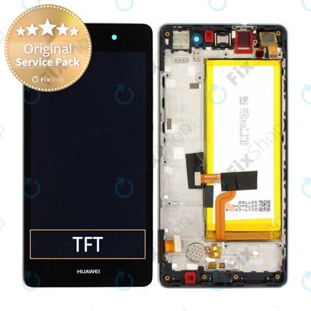 Huawei P8 Lite ALE-L21 - LCD Kijelző + Érintőüveg + Keret + Akkumulátor (Black) - 02350KCW, 02350KCC, 02350KCB, 02350JVD Genuine Service Pack