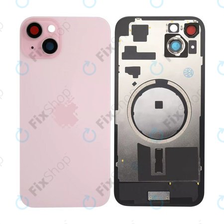 Apple iPhone 15 Plus - Hátsó üveg + Kamera lencse + Fémlemez + Magsafe mágnes (Pink)