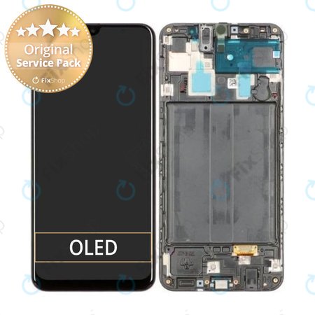 Samsung Galaxy A30 A305F - LCD Kijelző + Érintőüveg + Keret (Black) - GH82-19725A, GH82-19202A Genuine Service Pack