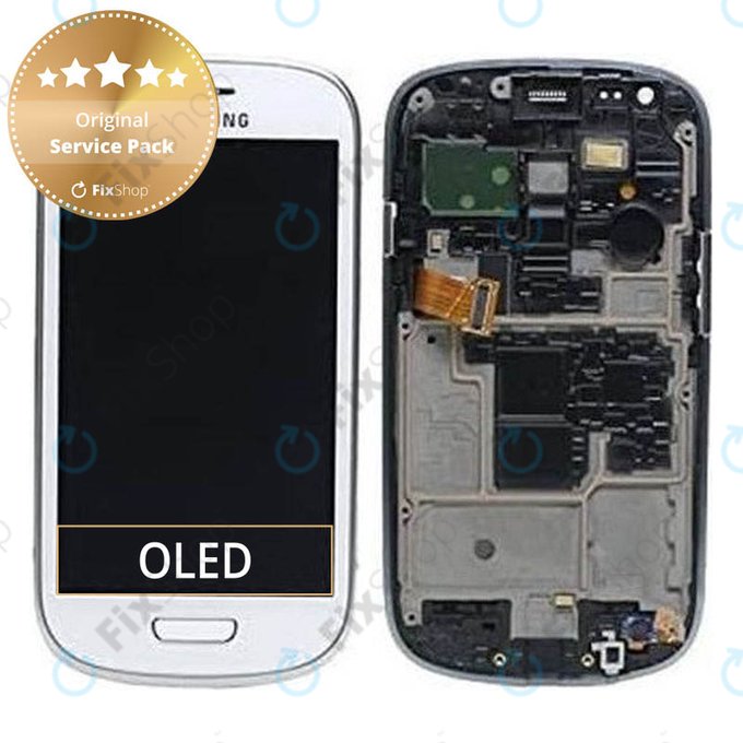 Samsung Galaxy S3 Mini i8190 - LCD Kijelző + Érintőüveg + Keret (White) - GH97-14204A Genuine Service Pack