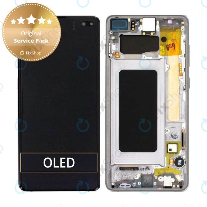 Samsung Galaxy S10 Plus G975F - LCD Kijelző + Érintőüveg + Keret (Prism Black) - GH82-18849A, GH82-18857A, GH82-18834A Genuine Service Pack