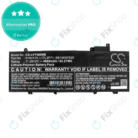 Akkumulátor Lenovo ThinkPad T480S, 4600mAh, Li-Pol, 11.58V, 01AV478, HQ