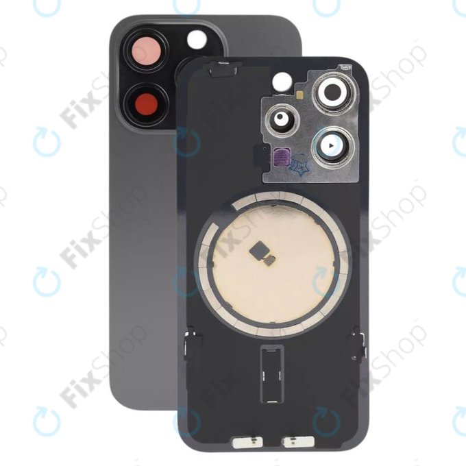 Apple iPhone 15 Pro - Hátsó üveg + Kamera lencse + Fémlemez + Magsafe mágnes (Black Titanium)