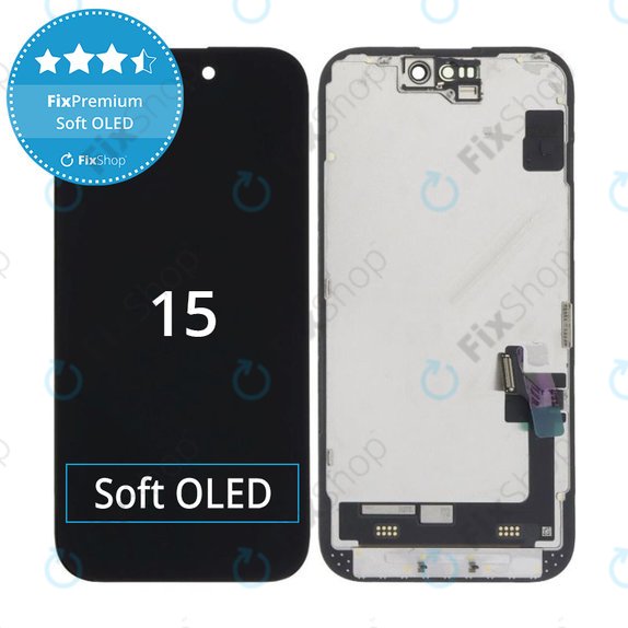 Kijelző Soft OLED iPhone 15, Érintőüveg kerettel, FixPremium